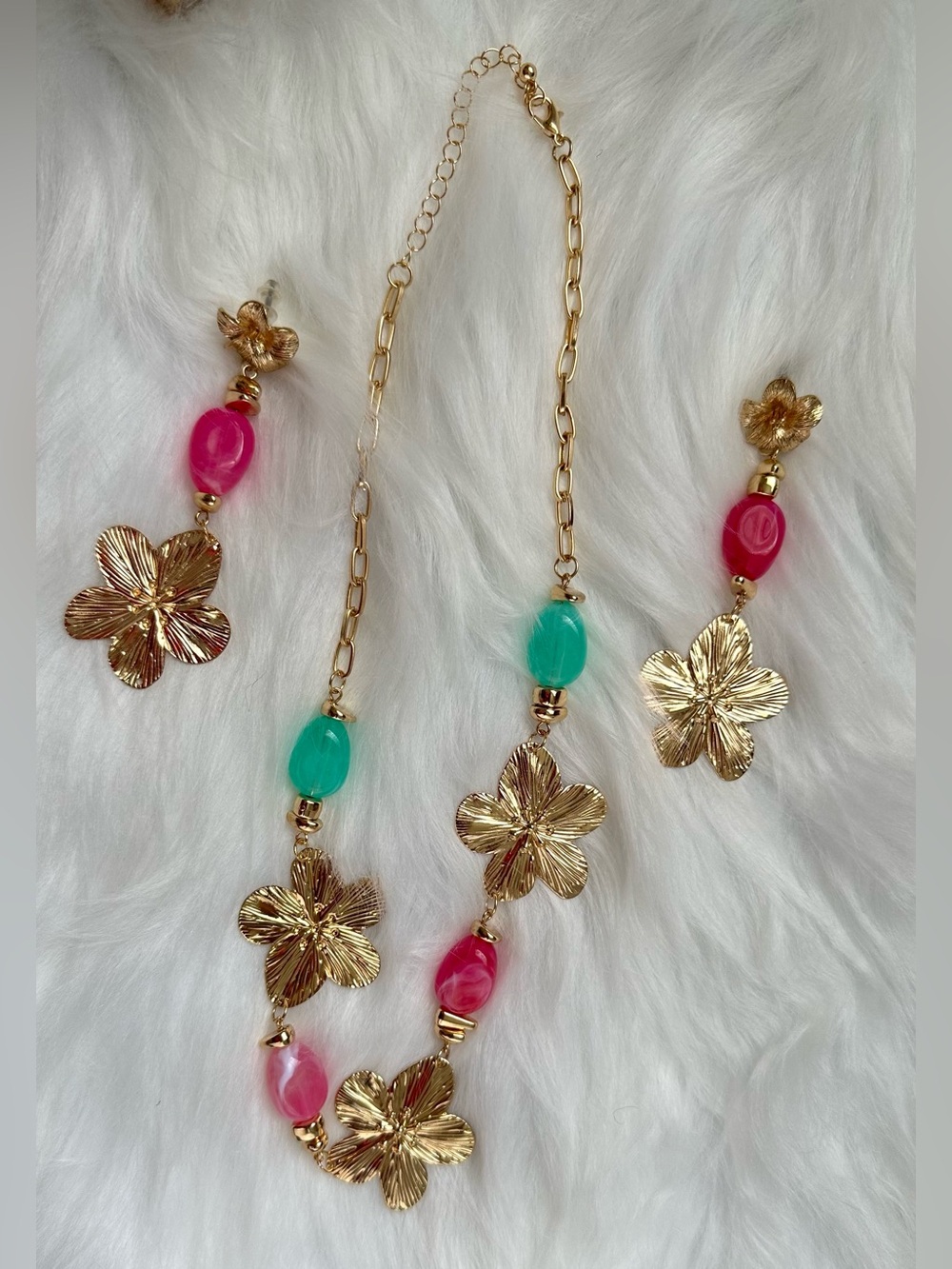 Gold Floral Necklace and Earring Set with Pink and Teal Beads